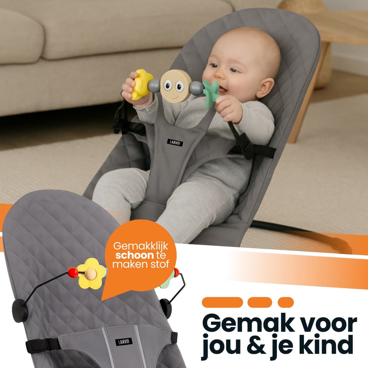 Laavir® Baby Wipstoel - Inklapbaar & Draagbaar - Verstelbare Rugleuning - Speelboog & Veiligheidsgordel - Grijs thumbnail 4