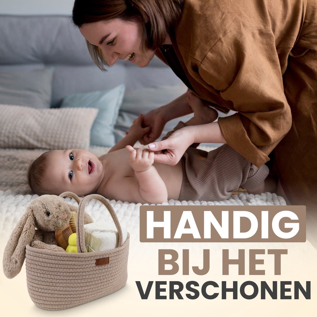 Muuzey Luiermandje - Crème - Luiermand - Luiertas en Commodemandje - Babykameraccessoires - Opbergmand kinderkamer - Kraamcadeau - Babyshower thumbnail 6