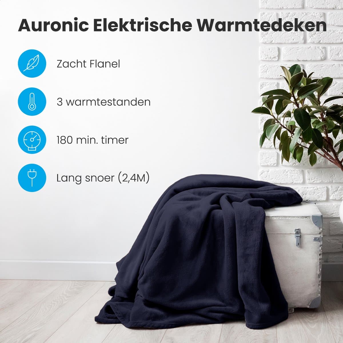 Auronic Elektrische Deken - 160 x 120 cm - 1 Persoons Warmtedeken - 3 Warmtestanden met Timer - Verwarmingsdeken - Nachtblauw thumbnail 2