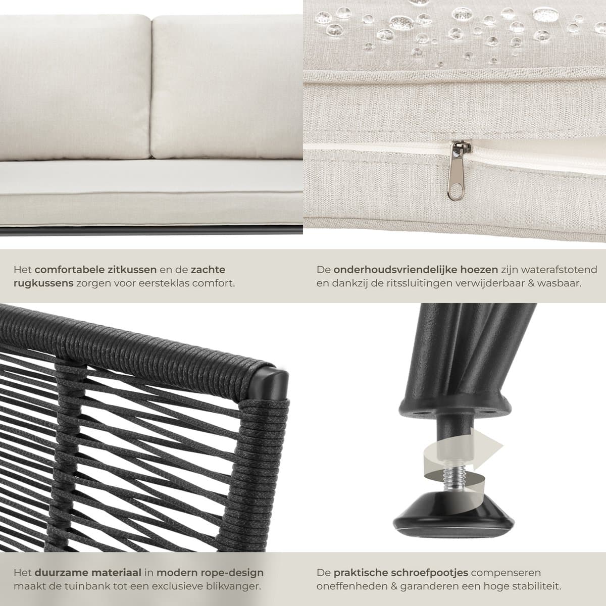 tectake® Tuinbank Sundo - Wicker Loungebank - Rope-Design Lounge Bank met Dikke Kussens - Ideaal voor Balkon, Tuin of Terras - Weerbestendig thumbnail 7