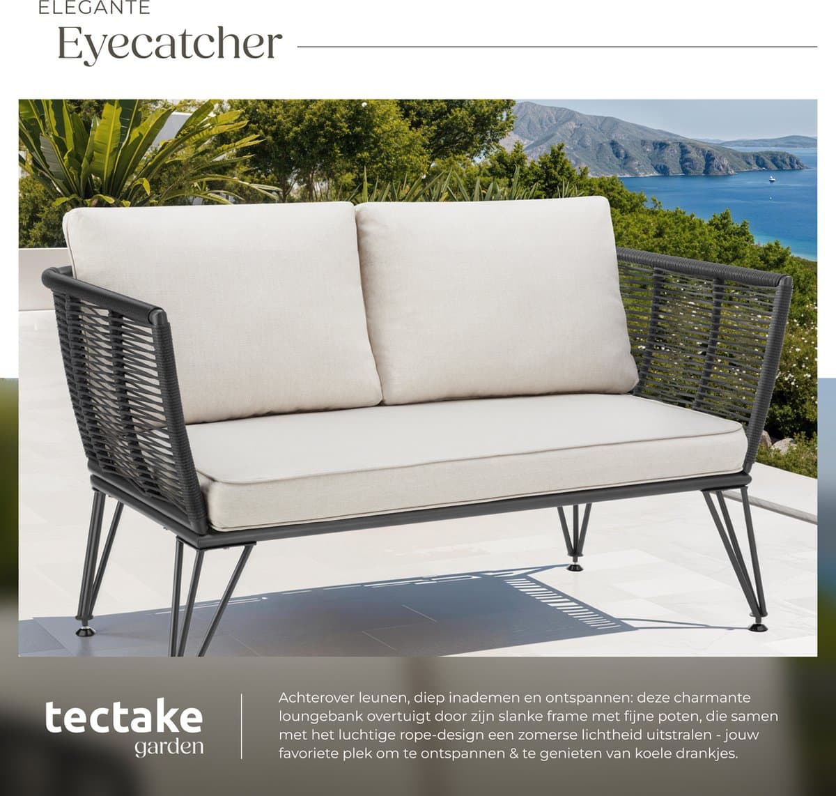 tectake® Tuinbank Sundo - Wicker Loungebank - Rope-Design Lounge Bank met Dikke Kussens - Ideaal voor Balkon, Tuin of Terras - Weerbestendig thumbnail 3