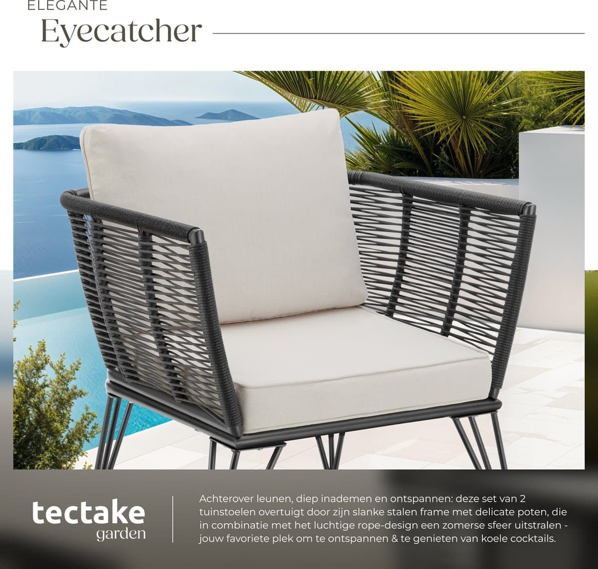 tectake® Loungestoelen Sundo - 2 Fauteuils voor Tuinset, Balkonset of Terras - Wicker Tuinstoelen Set in Rope-Design - Weerbestendig - Inclusief Kussens - Loungestoel Buiten - Loungeset Tuinmeubels thumbnail 7