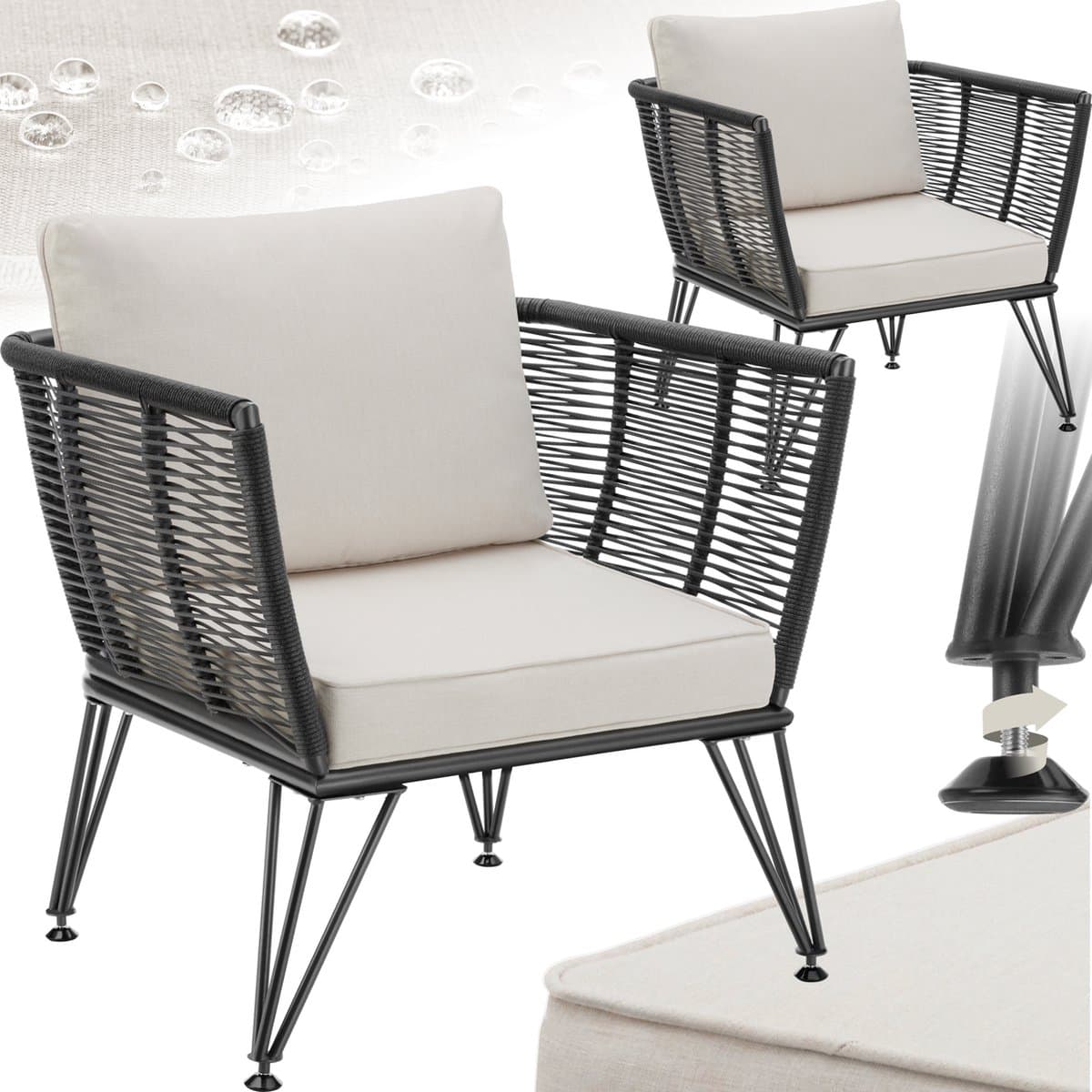 tectake® Loungestoelen Sundo - 2 Fauteuils voor Tuinset, Balkonset of Terras - Wicker Tuinstoelen Set in Rope-Design - Weerbestendig - Inclusief Kussens - Loungestoel Buiten - Loungeset Tuinmeubels