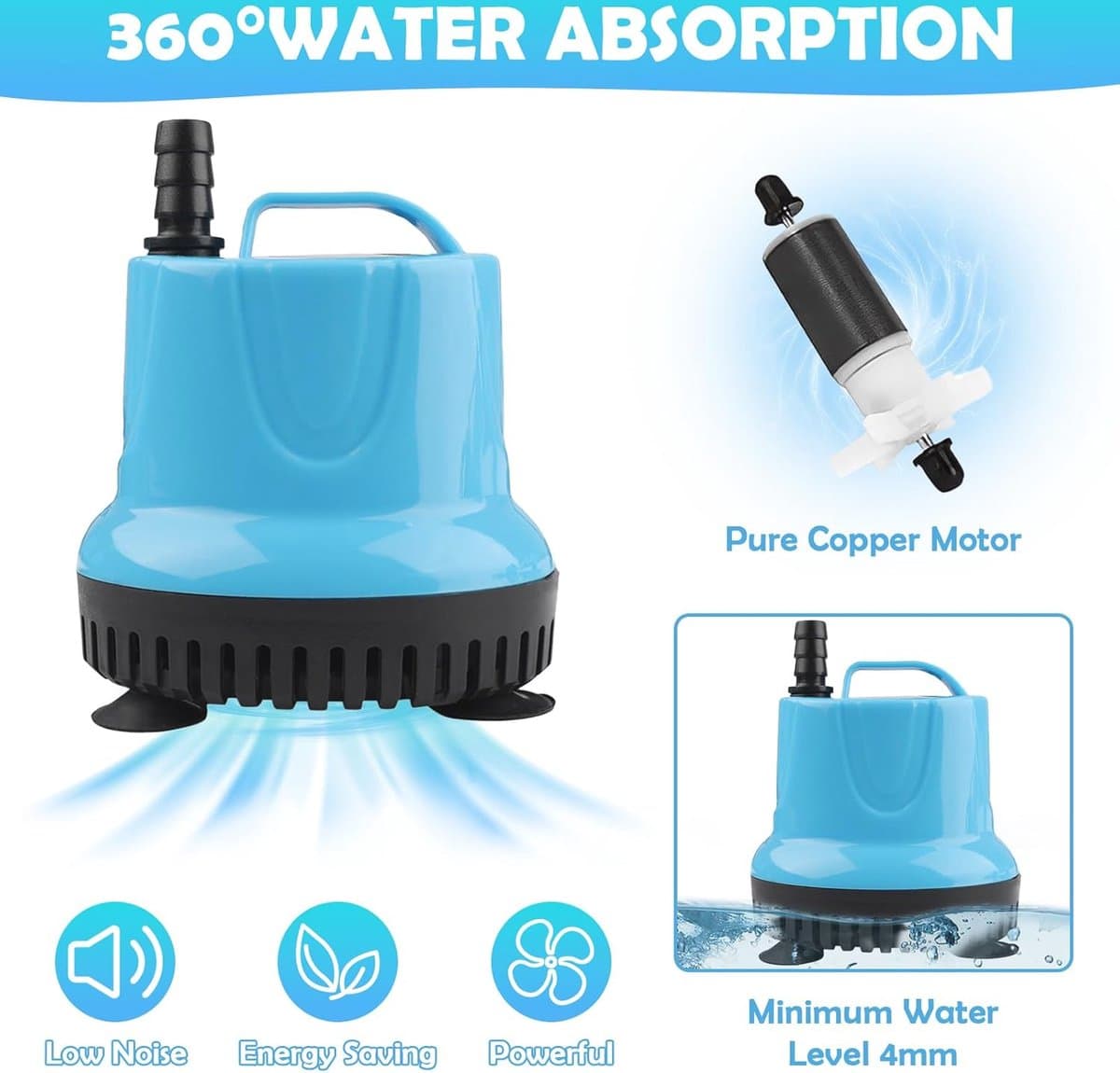 Kleine Dompelpomp 20W - Ultra Stille Waterpomp voor Aquarium, Vijver en Tuin - Inclusief Sproeiers en Slang thumbnail 4