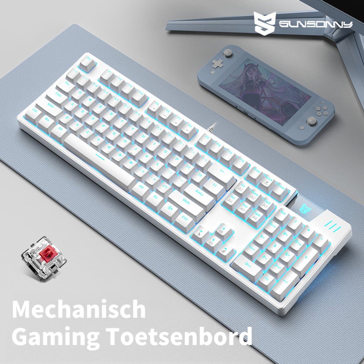 SunSonny N-J11PRO Mechanisch Gaming Toetsenbord Wit - 104 Keys Ergonomisch Bedraad RGB Gaming Keyboard - Red Switches thumbnail 5
