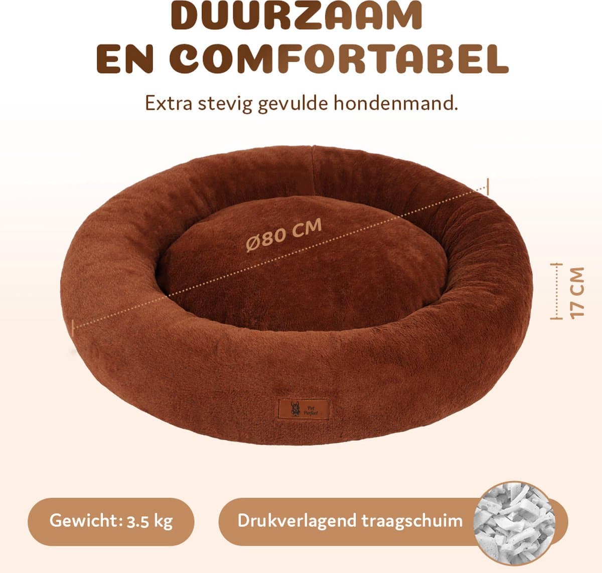 Pet Perfect Orthopedische Hondenmand – Donut Hondenmand – Hondenkussen – Hondenbed – Wasbaar - 80 cm - Bruin thumbnail 4