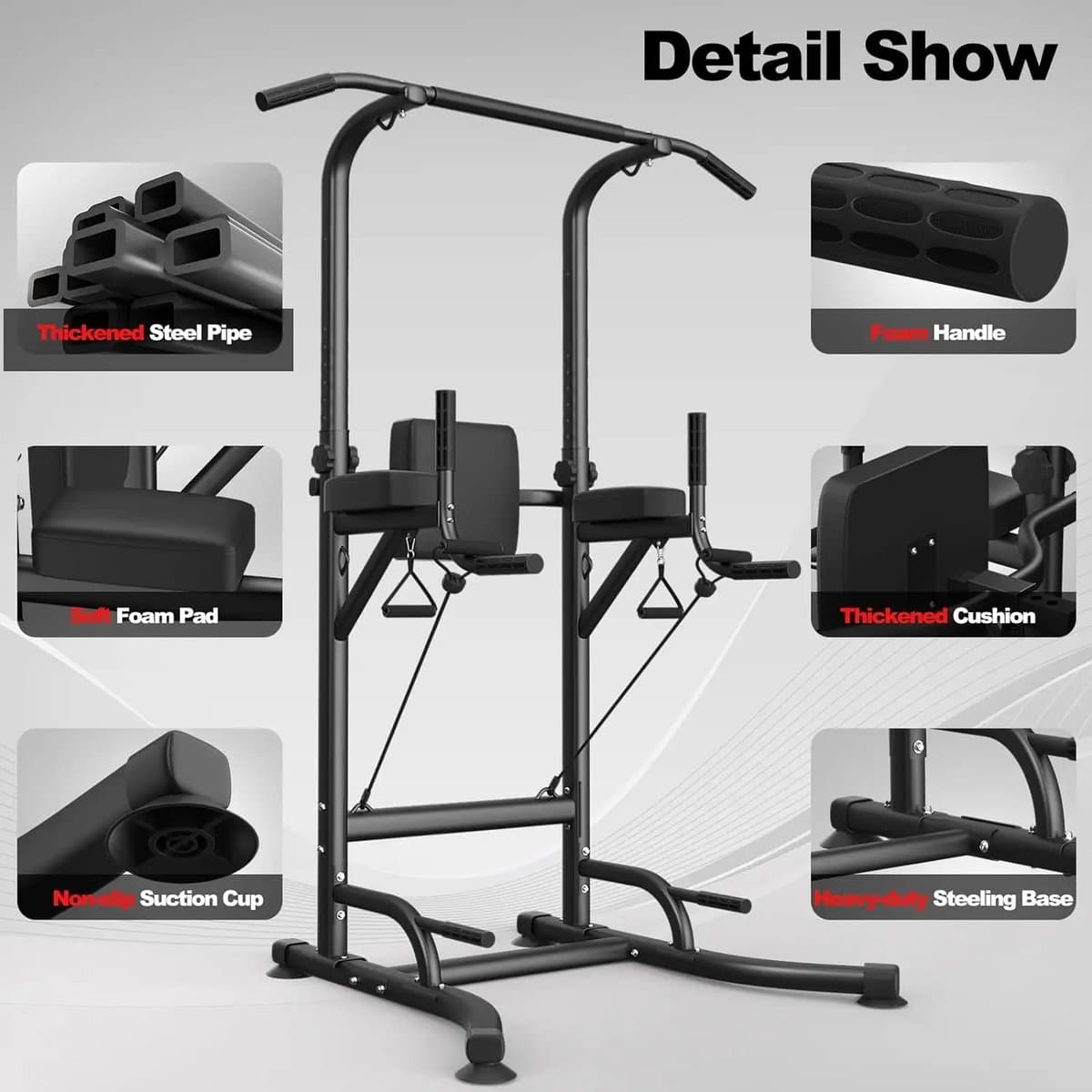 AtlasStrength Pull up Station - Verstelbare hoogte - Met Weerstandsbanden - Train diverse spiergroepen thuis met een krachtstation - Power tower - Pull up rack - Pull up bar - Zwart thumbnail 4