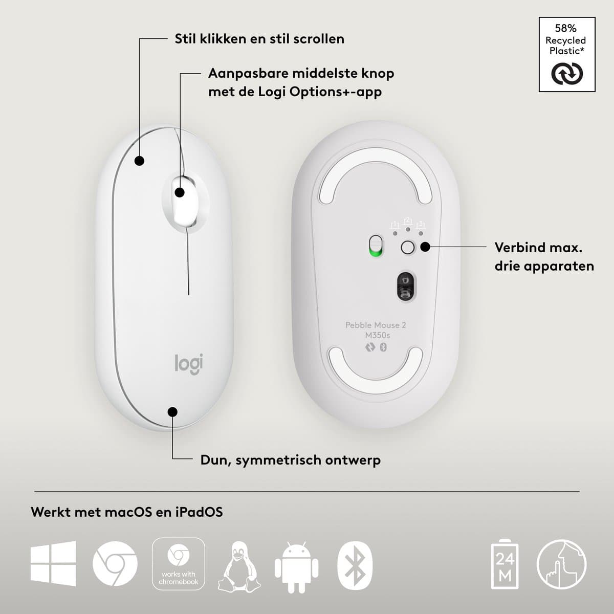Logitech Pebble 2 M350s - Draadloze Muis - Bluetooth - 4000 dpi - Off White thumbnail 8