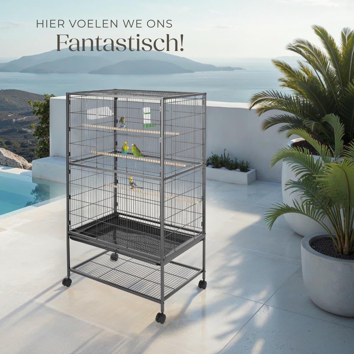 tectake® Vogelkooi - 78 x 52 x 131 cm - Vogelkooien voor Binnen - Met Standaard op Wielen - Voor Vogels, Parkiet, Kanarie - Volière met 3 Zitstokken, Zandlade en Waterbak thumbnail 5