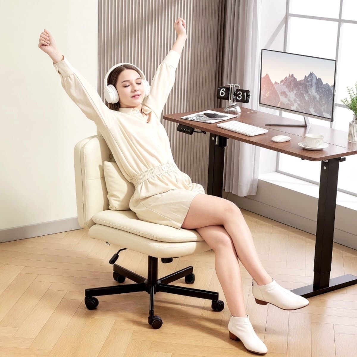 HAUSS SPOLE Bureaustoelen - Bureaustoel Draaibaar Met Knophefting En Extra Kussen - Met Wieltjes Voor Thuiswerk En Kantoor - 67×63×93 cm - Leer - Beige thumbnail 8