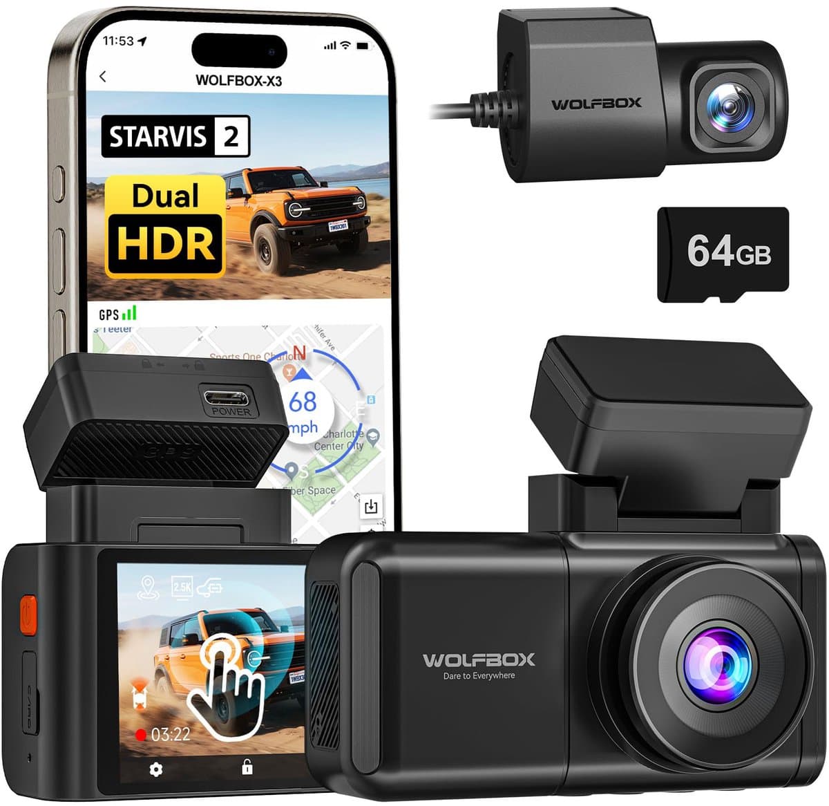 Wolfbox X3 Touch 3CH 2K Wifi Gps 64gb dashcam - Camera voor + achter - 3,0 inch touchscreen Lcd - Wifi en Gps - Parkeermodus - 2K resolutie - 64gb Micro SD kaart - dashcam voor auto thumbnail 2