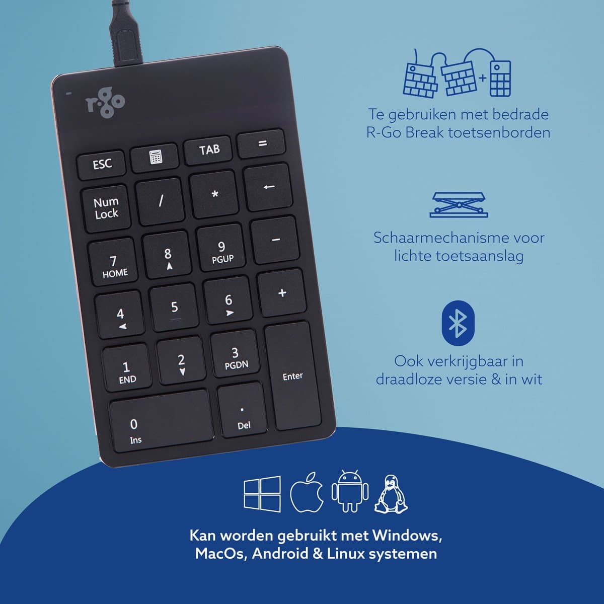 R-Go Numpad - Ergonomisch numeriek toetsenbord - Break software - USB - Zwart thumbnail 6