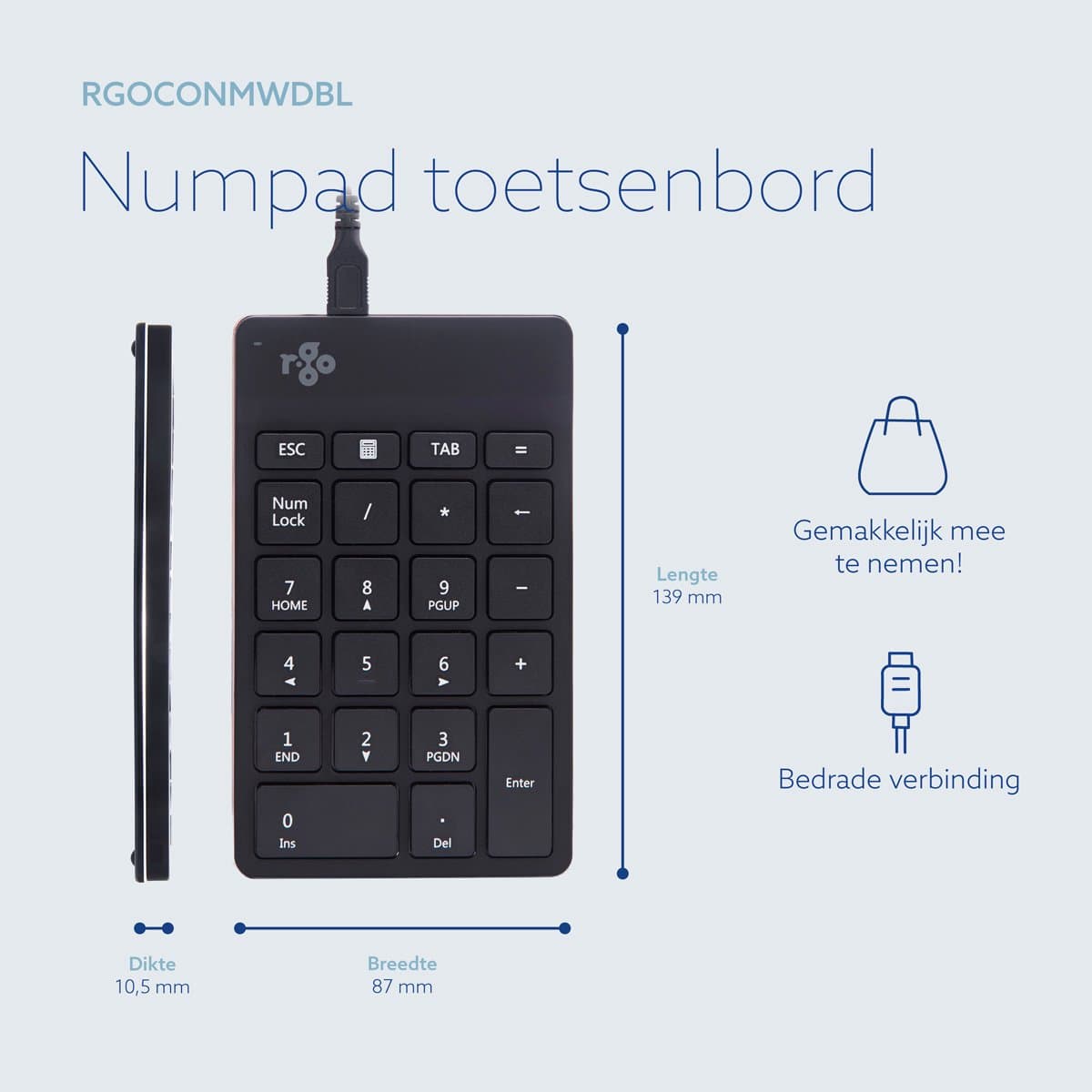 R-Go Numpad - Ergonomisch numeriek toetsenbord - Break software - USB - Zwart thumbnail 7