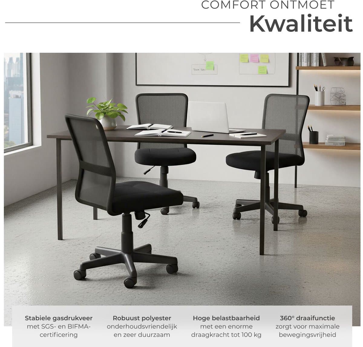 tectake® Ergonomische Bureaustoel - Draaistoel met Wielen, Gamingstoel, Comfortabel Meubilair voor Studeer- en Kinderkamer, PC- en Computerbureau - Zwart thumbnail 6