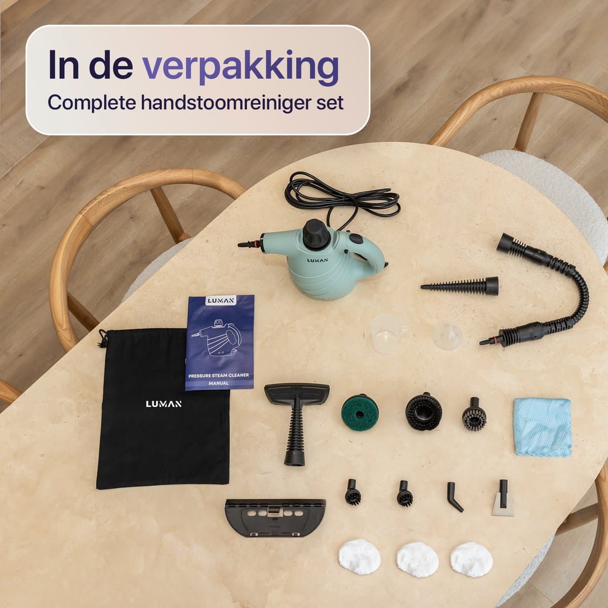 LUMAN 16 in 1 Stoomreiniger C1 - Handstoomreiniger - Handstomer - Vlekkenreiniger - Tapijtreiniger - Incl. Opbergtas en 16 Opzetstukken - 1050 Watt - 450 ML - Groen thumbnail 7