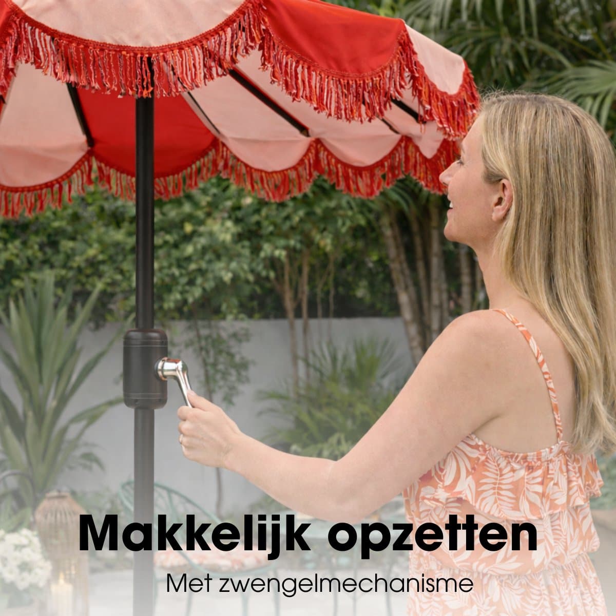 Mica Decorations Kim Gestreepte Parasol met Draagtas - Stokparasol 238 x Ø235 cm - Tuin of Balkonparasol - Polyester, Staal - Rood thumbnail 5