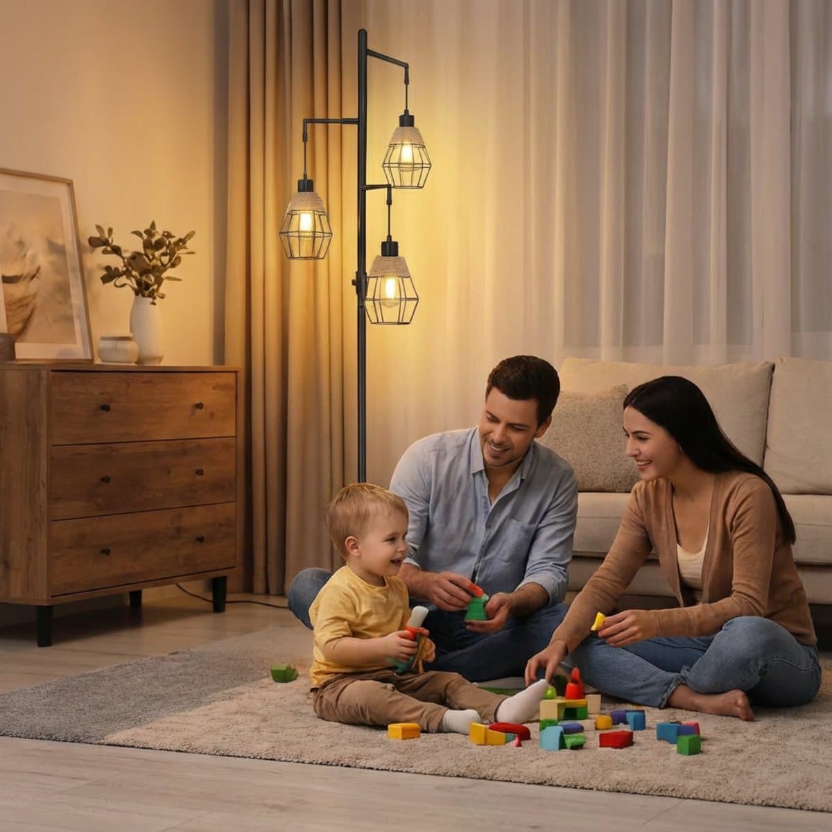 MUPOO Industrieel Vloerlamp Zwart met 3-Lichts - Staande Lamp met 3 Metalen Kappen & Henneptouw - Hoeklamp Woonkamer & Slaapkamer thumbnail 7