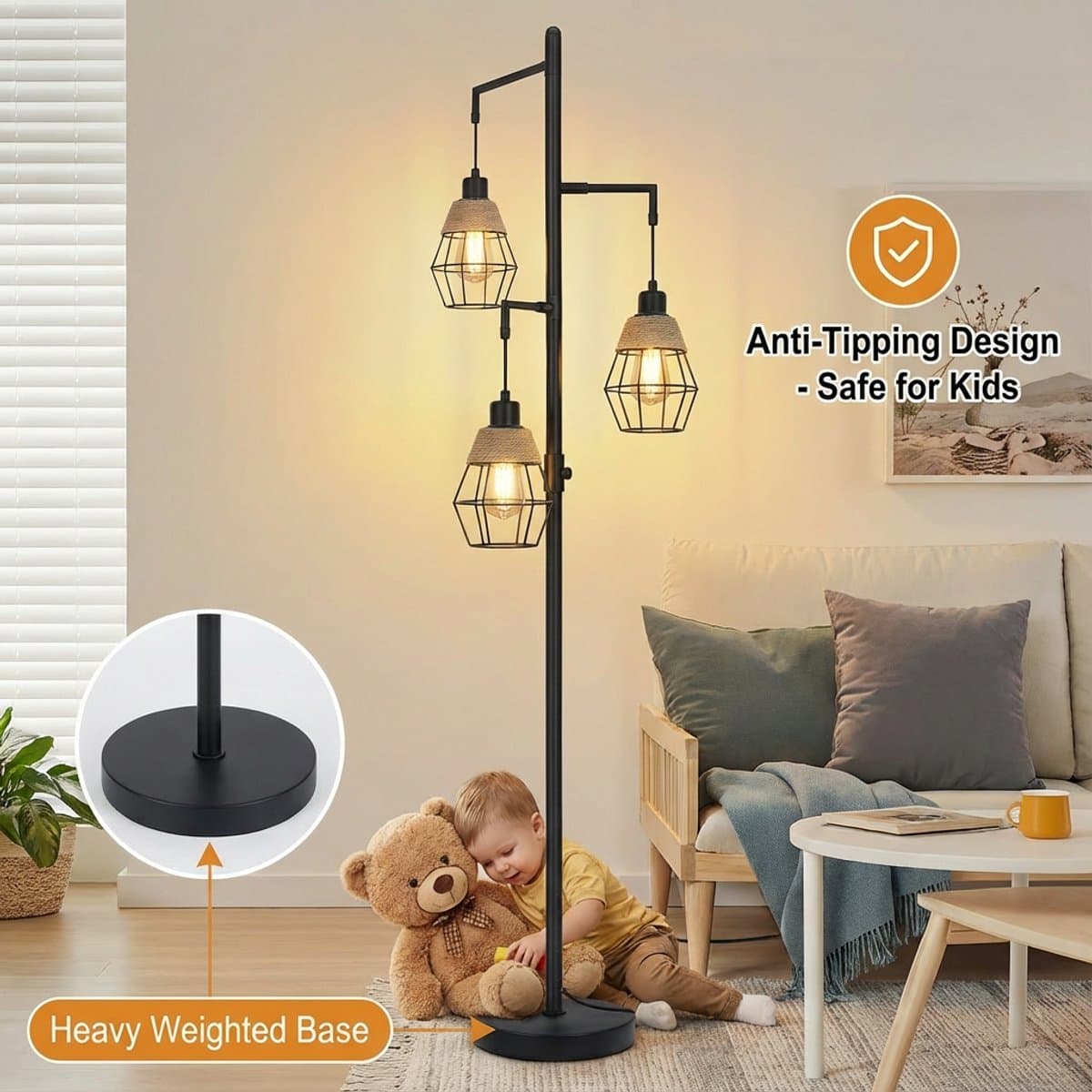 MUPOO Industrieel Vloerlamp Zwart met 3-Lichts - Staande Lamp met 3 Metalen Kappen & Henneptouw - Hoeklamp Woonkamer & Slaapkamer thumbnail 5