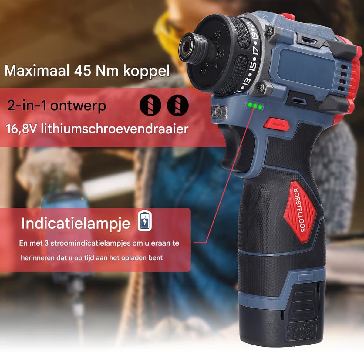 Accu Schroefmachine Borstelloos – 16.8V 45Nm – 2 Versnellingen – 2x 1300mAh Accu – LED – Starterset voor Huis & Werkplaats thumbnail 6