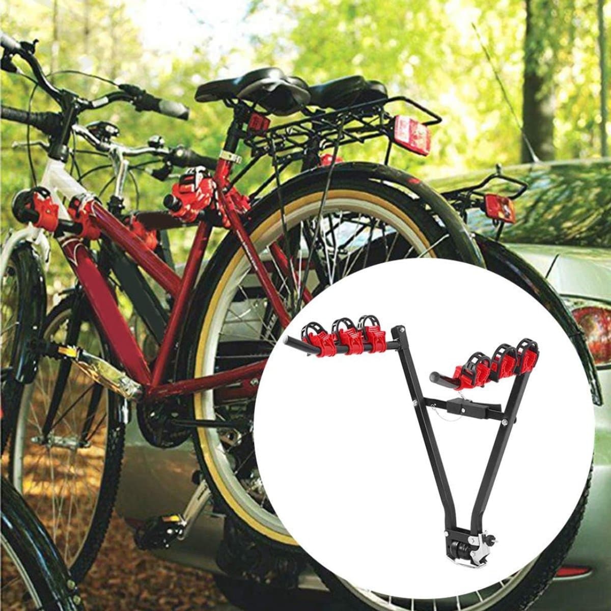 SAVI® Fietsendrager Elektrische Fiets - Fietsendrager - Fietsendrager met Spanband - 3 Fietsen - Geen Trekhaak - Zwart/Rood - 72cm x 23cm x 12cm thumbnail 4