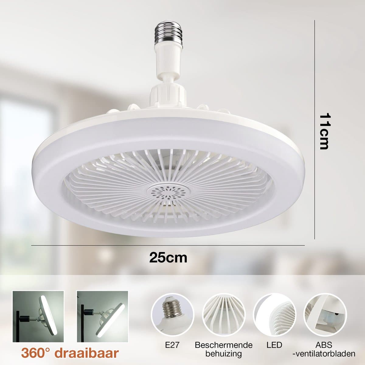 MUPOO Plafond ventilator met LED verlichting E27 Fitting met 360° Draaibaar-APP & Afstandsbediening - Plug & Play -3 Snelheden & Dimbaar - Mini Ventilatorlamp Ø 25cm- lamp ventilator plafond Voor Slaapkamer & Garage - wit thumbnail 8