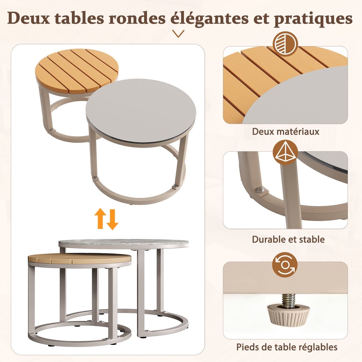 OKWISH Tuinloungeset 5 Tot 6 Personen - Modulair Met Verstelbare Tafelpoten - Balkon Tuin Terras - Metaal Olefin - Beige thumbnail 7