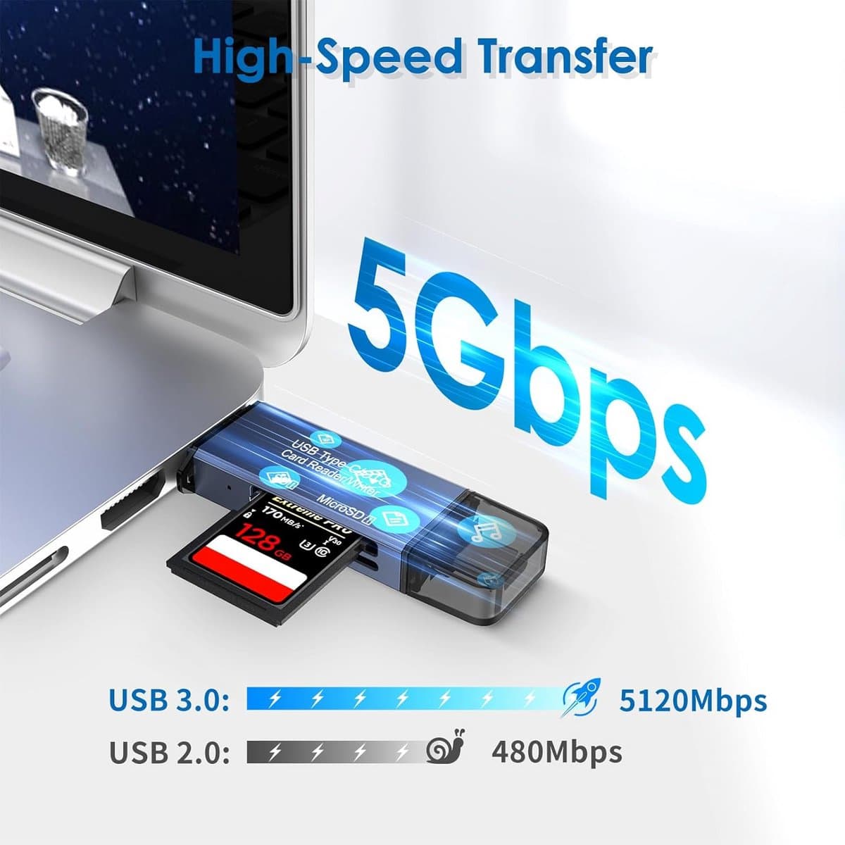 Snelle SD Kaartlezer met USB-C en USB 3.0 voor PC, Tablet en Smartphone thumbnail 2
