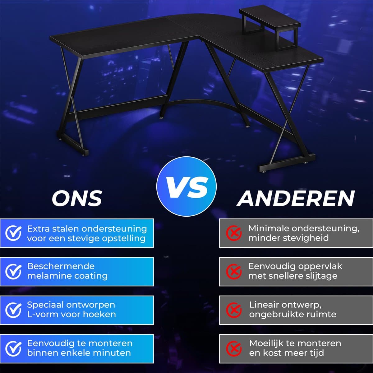 Lexorion L-Vormig Game BureauHoekbureau | Game Bureau | Game Bureau Zwart | Computerbureau – Gaming Bureau – Waterproof & Krasbestendig – Monitor Stand thumbnail 5