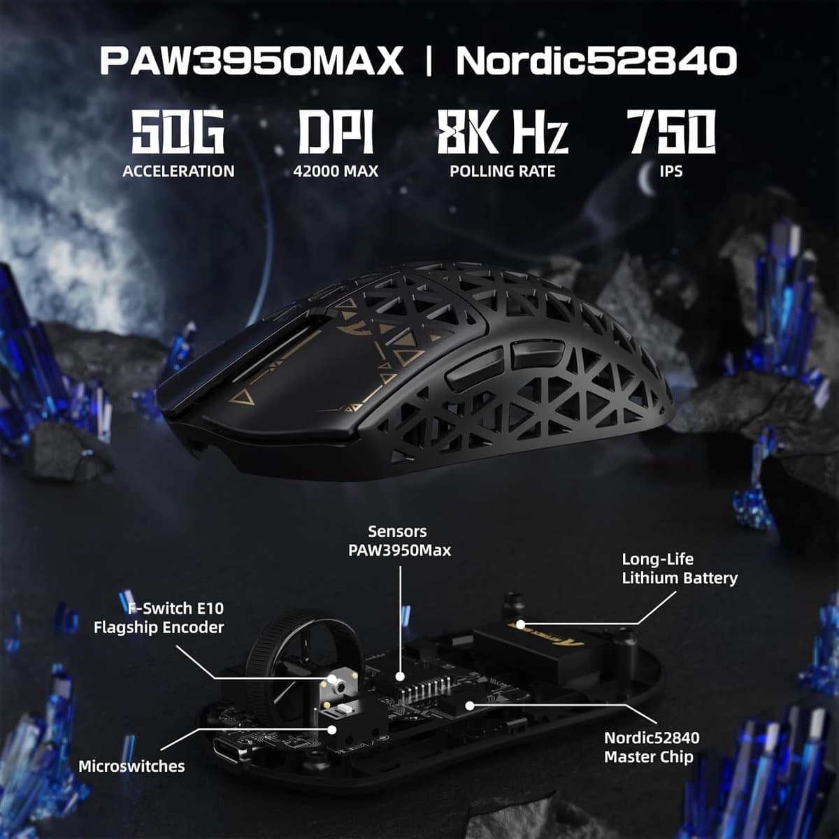ATTACK SHARK R5 Ultra - Gamingmuis - Koolstofvezel Behuizing - 39g Ultralicht - HyperSpeed Draadloos - 2.4G / Bluetooth / USB-C Bedraad - PAW3950MAX Sensor - 8000Hz Pollingsnelheid - 42.000 DPI - Windows & Mac - Zwart thumbnail 3