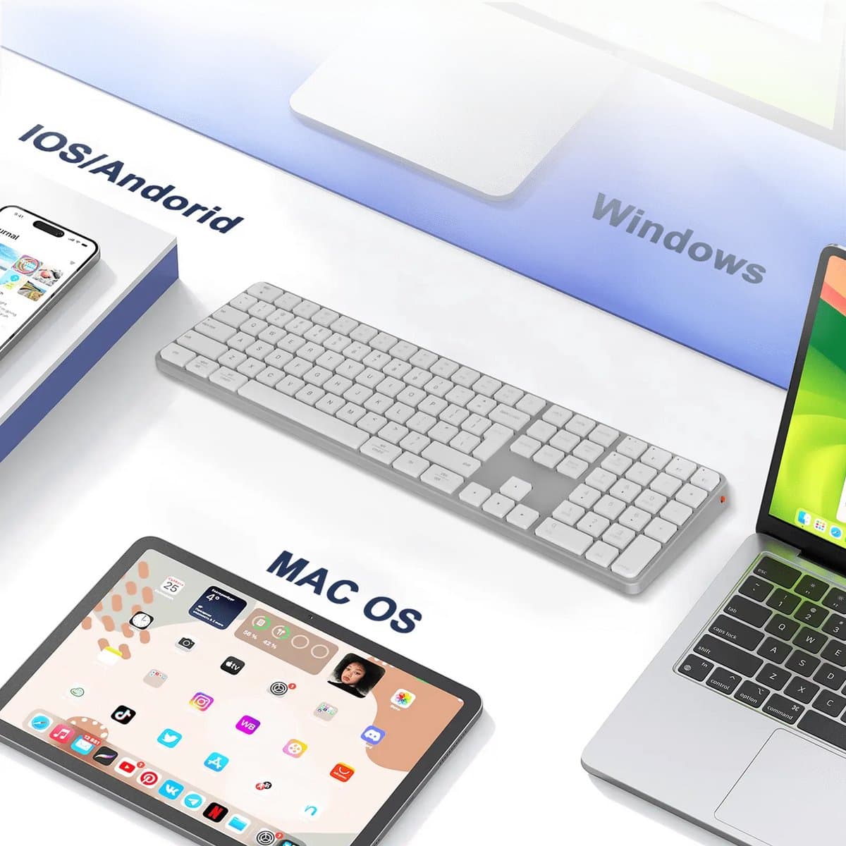 Meetion iKey K230MW - Draadloos Toetsenbord - 109-toets Full-Size - 2.4 GHz + Bluetooth - Type-C Oplaadbaar - Stil Scissor-Switch - Mac / Windows - Wit thumbnail 3