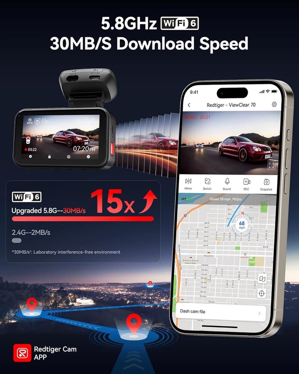 RedTiger Viewclear 70 - Dual Dashcam voor auto - Ultra 4K & 2,5K - Voor en Achter Camera - 2026 model - Met Touchscreen - WiFi en GPS - 3.20 Inch met App - Sony Sensor Nachtzicht - Dashcams - Parkeerbewaking - G Sensor - Loop opname - 128GB SD Kaart thumbnail 7