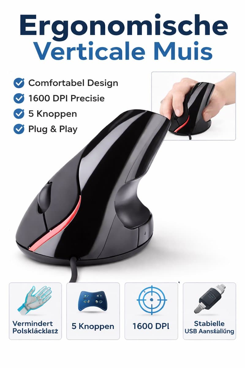 Verticale Ergonomische Muis – USB – 1600 DPI – 5 Knoppen – Anti Polsbelasting – Comfort Office Muis – Zwart
