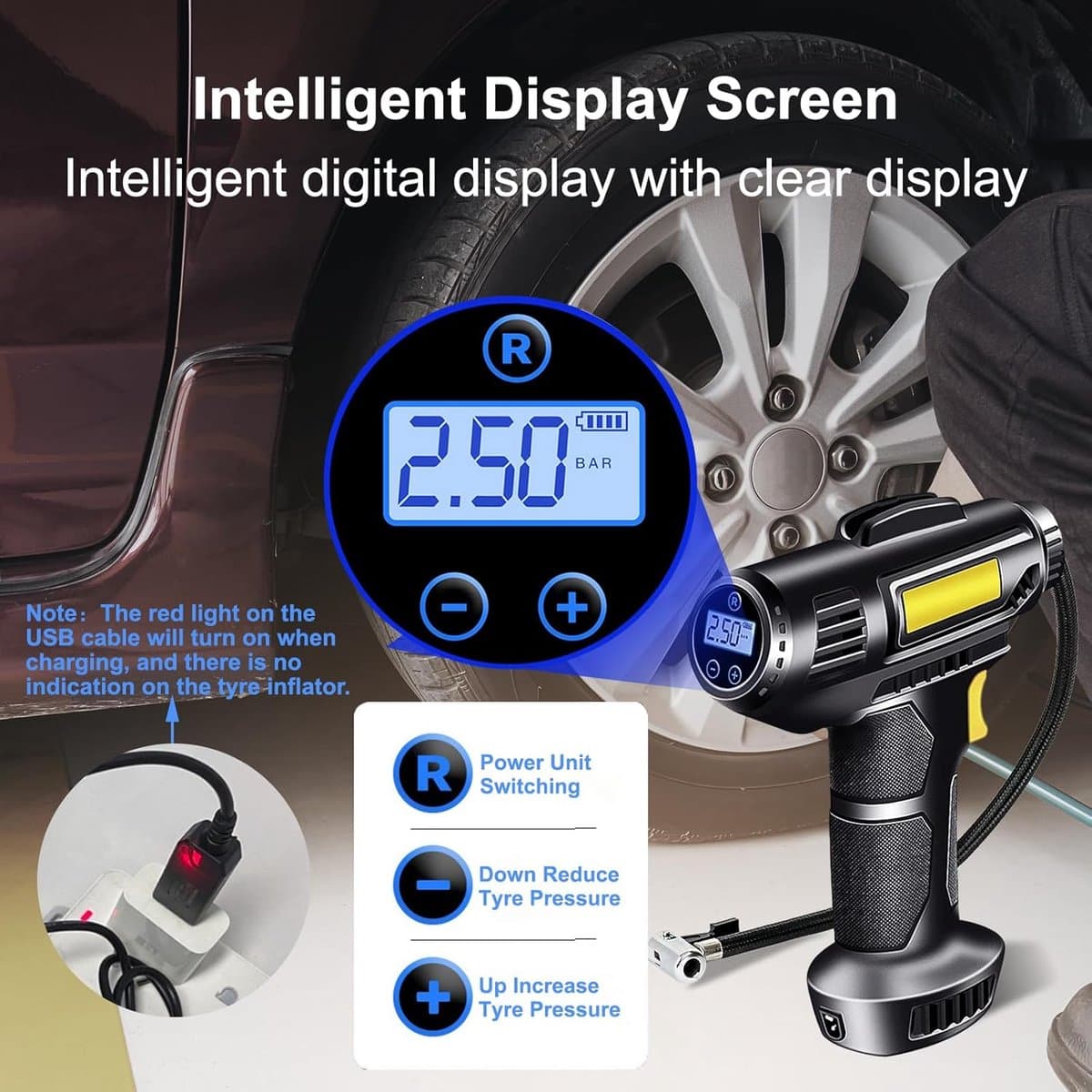 Fietspomp - fietspomp elektrisch - fietspompen - Autobandenpomp - Elektrische pomp - Draagbare luchtcompressor - Draadloze autobandenpomp - 4000 mAh 12 V - Oplaadbaar - 150 PSI - Autocompressor - Met LED en mondstukadapter thumbnail 4
