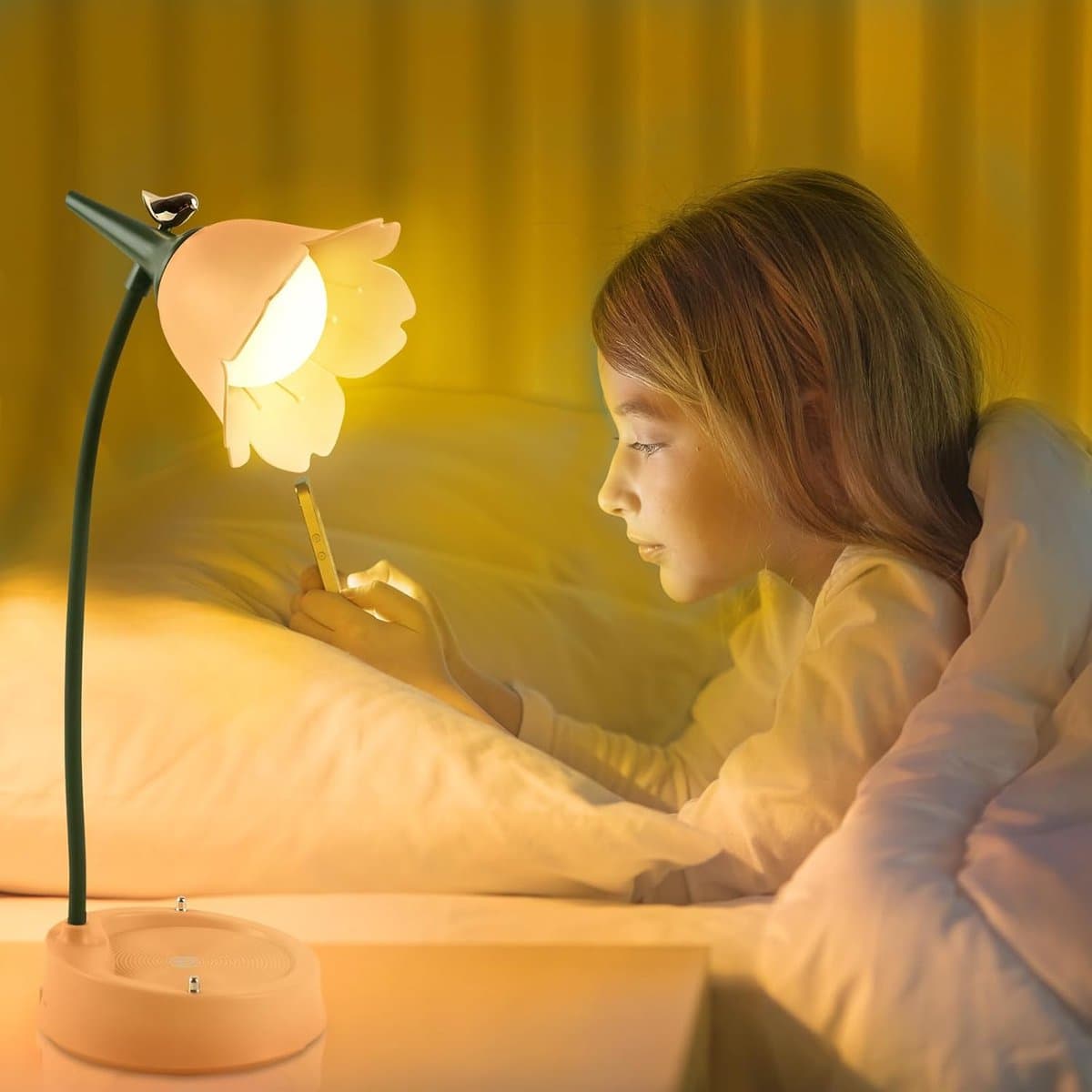 LED-bureaulamp - Dimbaar - Touchbediening en oplaadbaar via USB - Flexibele hals - Geel bloemenpatroon thumbnail 3