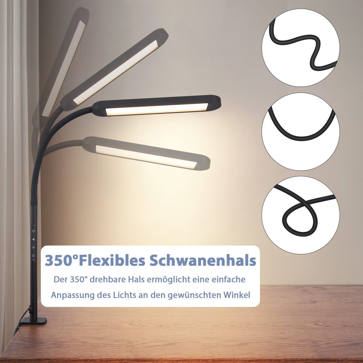 NETTLIFE Tafellamp LED - zwart - Flexibel Klemlamp - 3000-6500K Dimbaar - LED Bureaulamp - 11W - Daglicht Wit - 3 Kleurtemperaturen - 5 Helderheidsniveaus - USB Oplaadbaar - voor slaapkamer | woonkamer | Werkkamer thumbnail 5