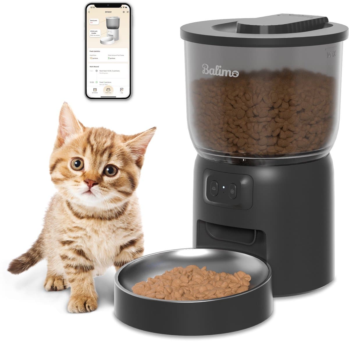 Balimo Automatische Voerbak - Kat & Hond - Voerautomaat Met App - Voerbak hond - Smartphone Besturing - Voerinhoud 3 L - Voor Katten- en Hondenvoer - Droogvoer - WiFi - Automatische voerbak kat - Zwart