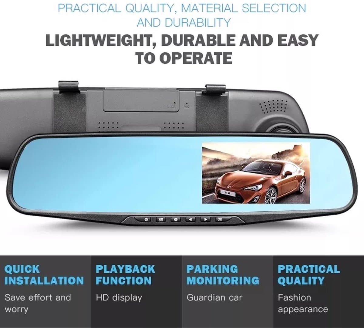 TechU™ Dashcam Voor en Achter Camera – M31 Zwart – Dashboardcamera – 4.3” Scherm & 12.2” Spiegel – G-sensor – Bewegingssensor – Loop recording – Nachtvisie – 130° Wijdhoeklens – Incl. Achteruitrijcamera - voor auto thumbnail 5
