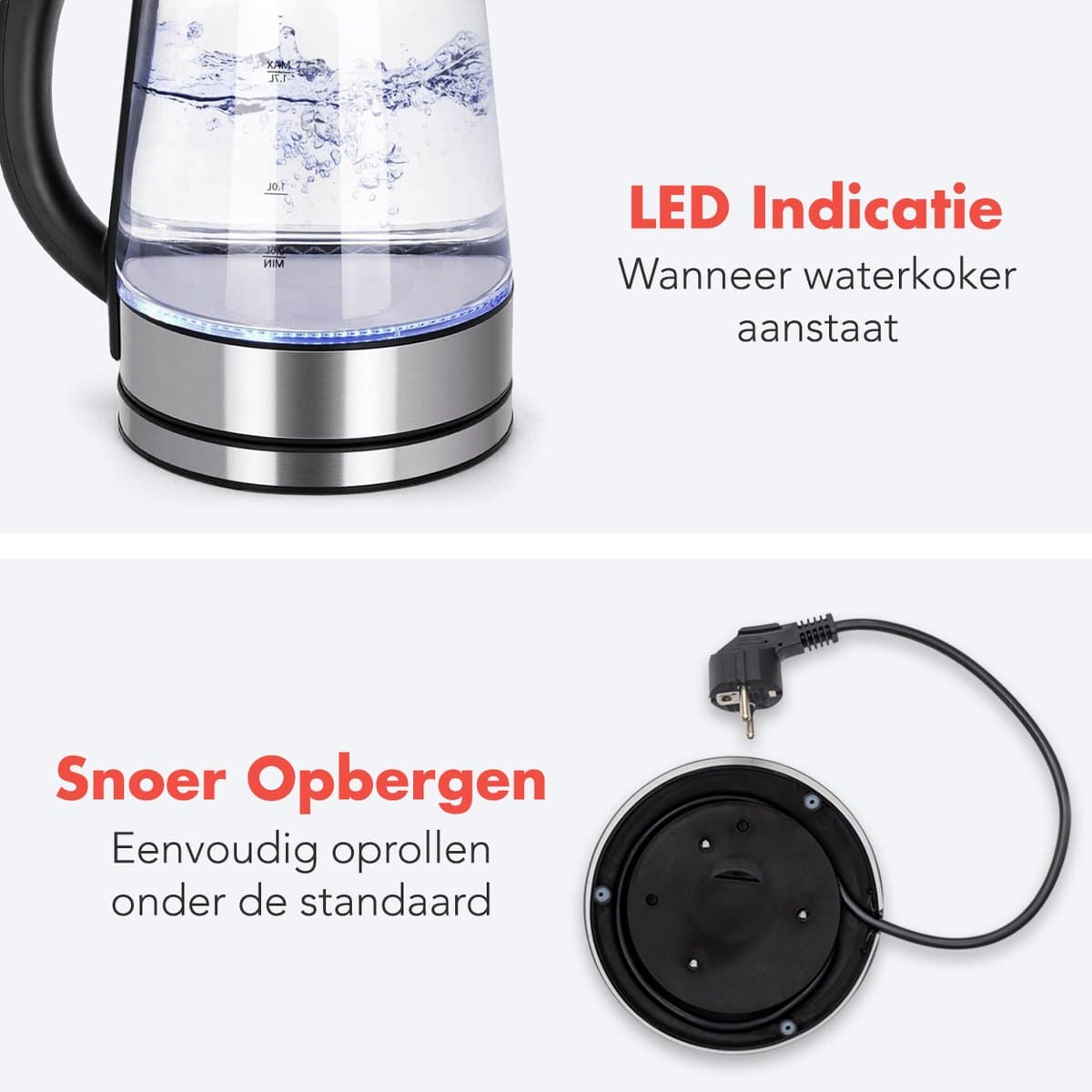 KitchenBrothers Glazen Waterkoker 1,7L – LED, 2200W, BPA-vrij thumbnail 5