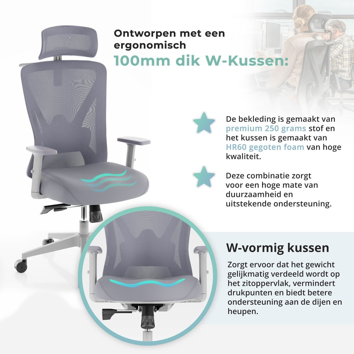 Backerz Mesh Ergonomische Bureaustoel Wit - Bureaustoelen voor Volwassenen tot 150kg - Office Chair - Gamestoel - NEN-EN1335 Gecertificeerd thumbnail 6