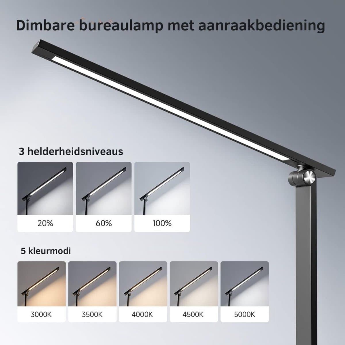 Bureaulamp led dimbaar daglicht - USB oplaadbaar - 15 kleurenfuncties - Daglichtlamp - Touchscreen - Lichttherapielamp - Hobby lamp voor schilderen, puzzelen – UV-Vrij - Tafellamp/lamp staand - Zwart thumbnail 3