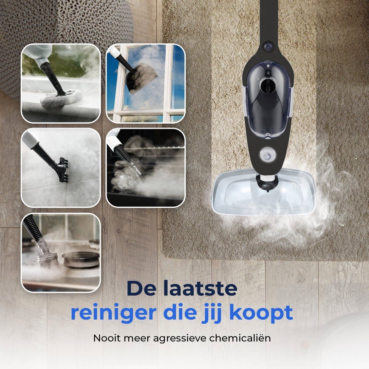 Stoomreiniger 2 in 1 - Handstomer - Vlekkenreiniger - Met 8 Opzetstukken en 4 Microvezeldoeken - Bank, Vloer, Badkamer en Tapijt Reinigen - Zwart thumbnail 7