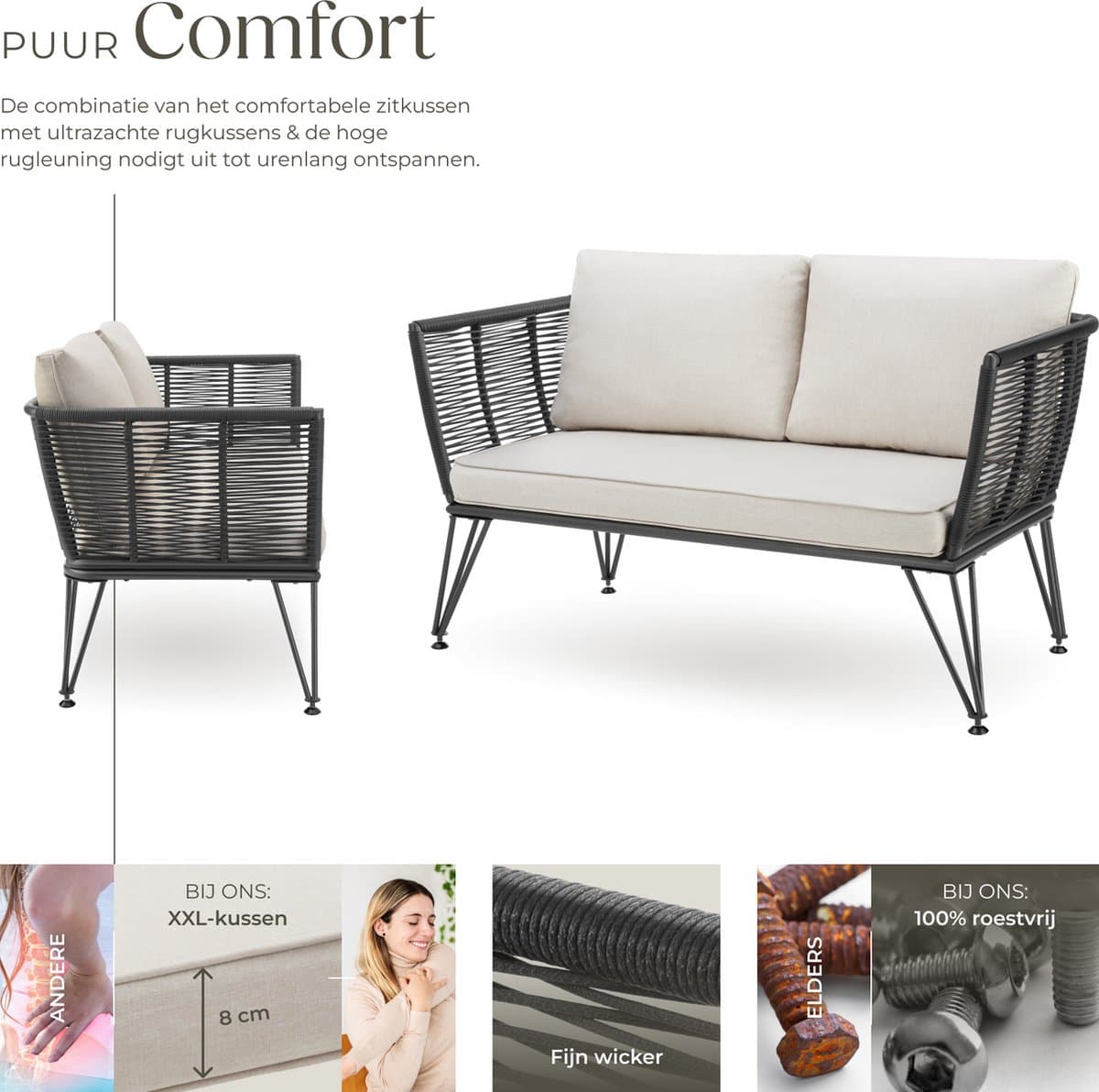 tectake® Tuinbank Sundo - Wicker Loungebank - Rope-Design Lounge Bank met Dikke Kussens - Ideaal voor Balkon, Tuin of Terras - Weerbestendig thumbnail 5