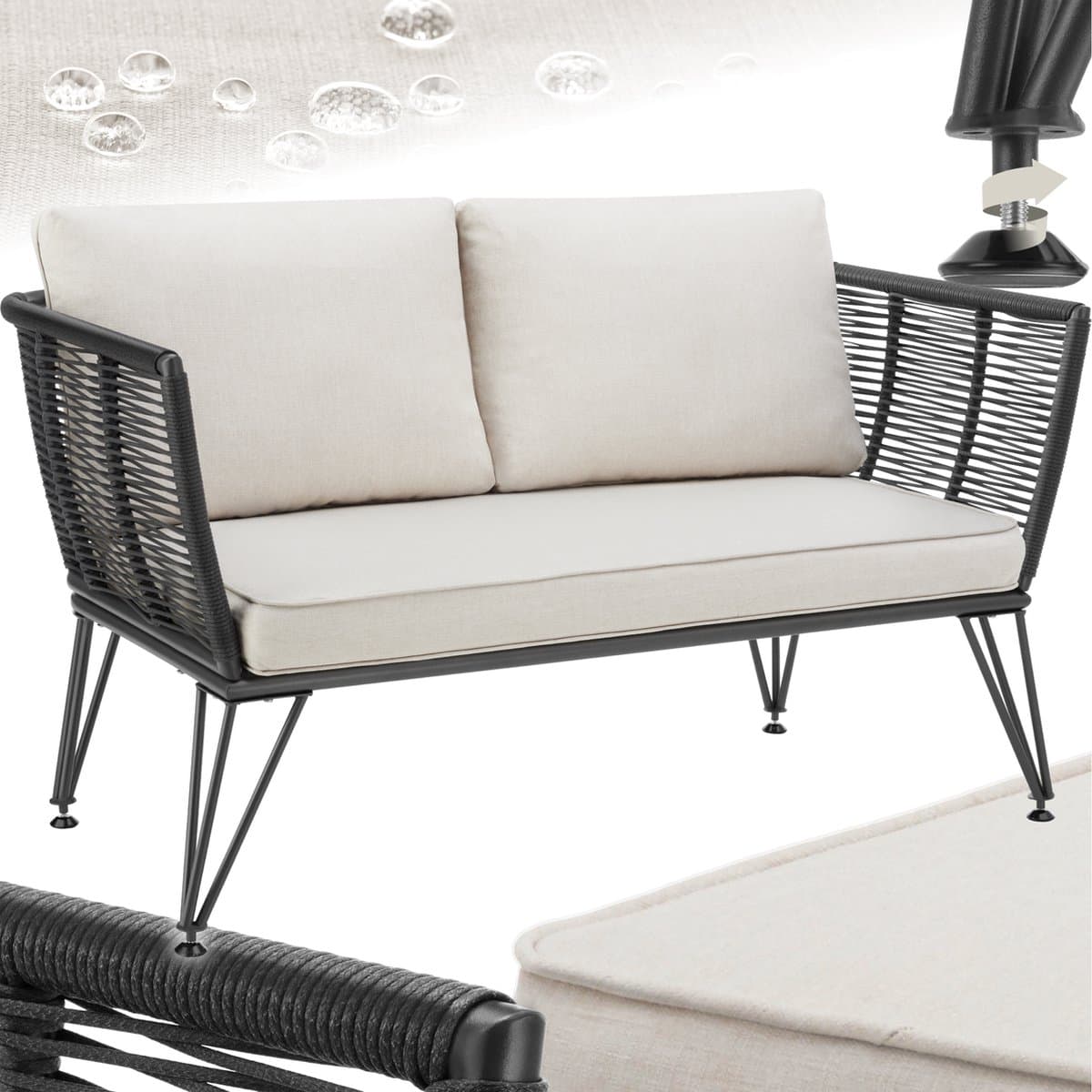 tectake® Tuinbank Sundo - Wicker Loungebank - Rope-Design Lounge Bank met Dikke Kussens - Ideaal voor Balkon, Tuin of Terras - Weerbestendig