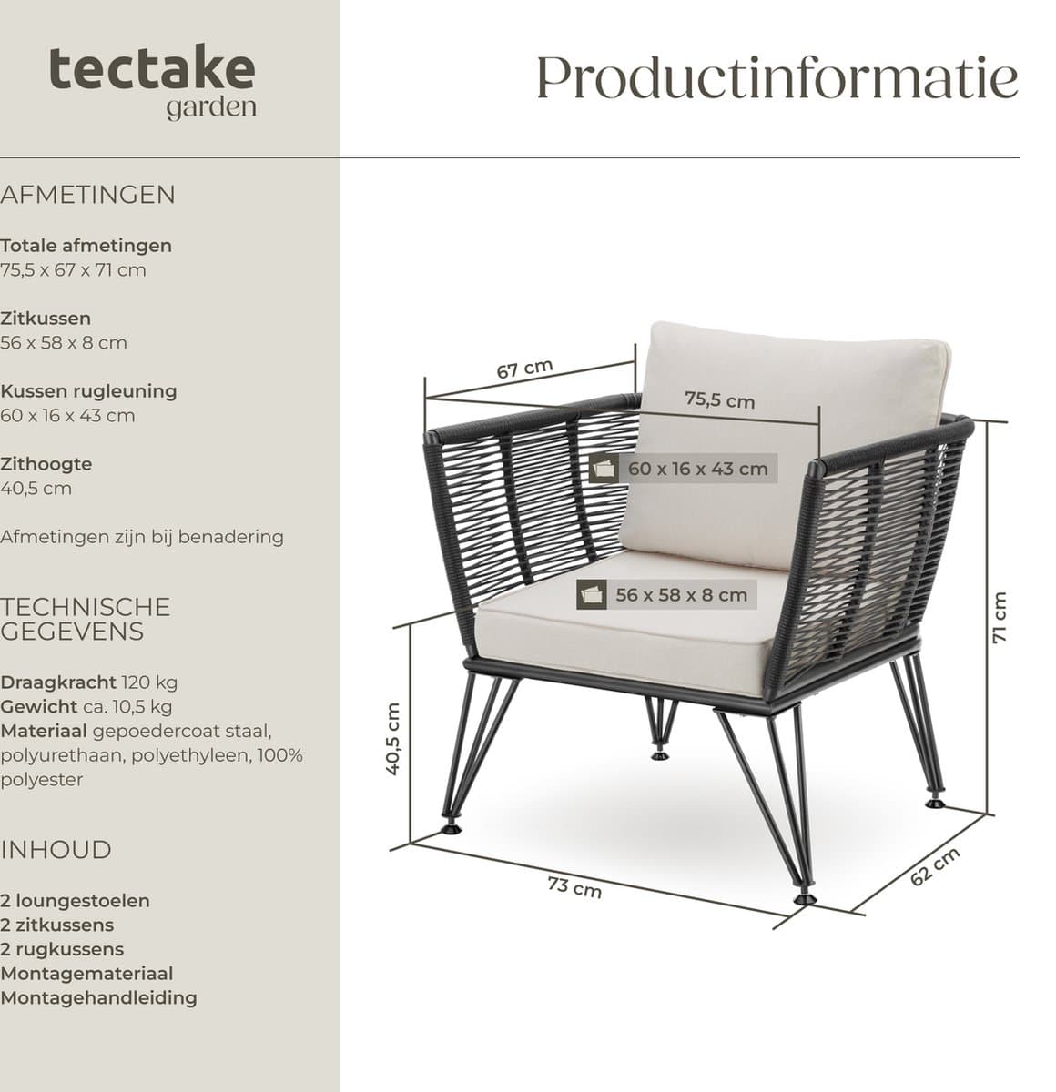 tectake® Loungestoelen Sundo - 2 Fauteuils voor Tuinset, Balkonset of Terras - Wicker Tuinstoelen Set in Rope-Design - Weerbestendig - Inclusief Kussens - Loungestoel Buiten - Loungeset Tuinmeubels thumbnail 4