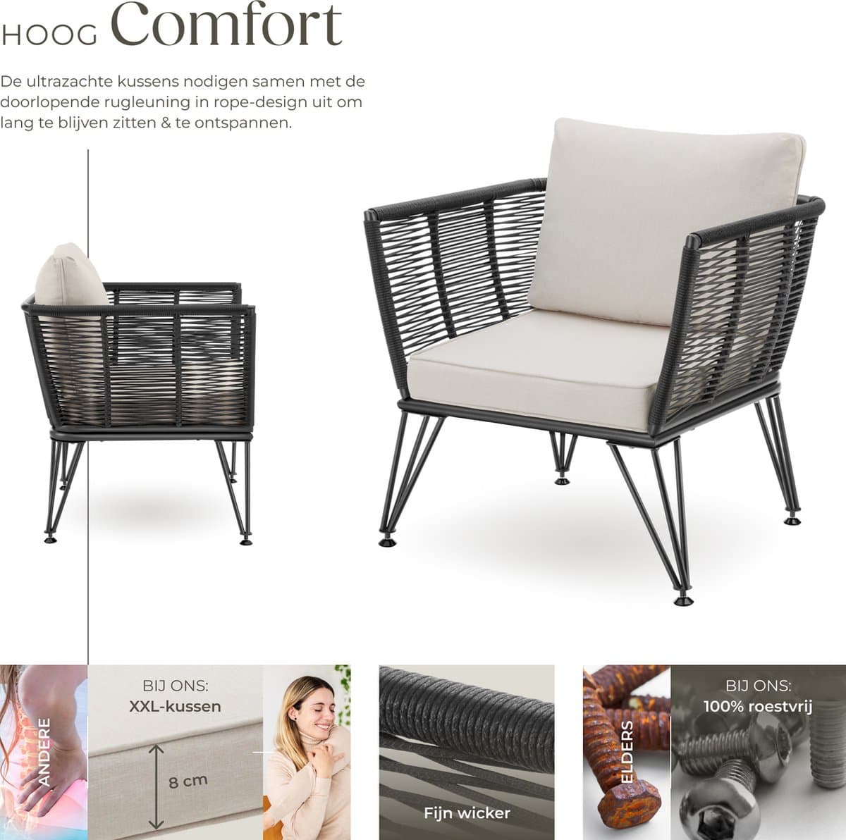 tectake® Loungestoelen Sundo - 2 Fauteuils voor Tuinset, Balkonset of Terras - Wicker Tuinstoelen Set in Rope-Design - Weerbestendig - Inclusief Kussens - Loungestoel Buiten - Loungeset Tuinmeubels thumbnail 2