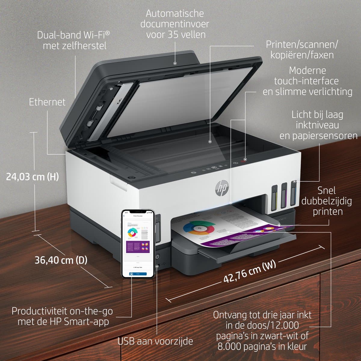 HP Smart Tank 7605 – All-in-One Kleurenprinter – Inkjet Tankprinter – Wifi, Ethernet & AirPrint – ADF & Fax – Tot 3 Jaar Printen – Printen, Scannen, Kopiëren, Faxen – Zonder Cartridges thumbnail 7