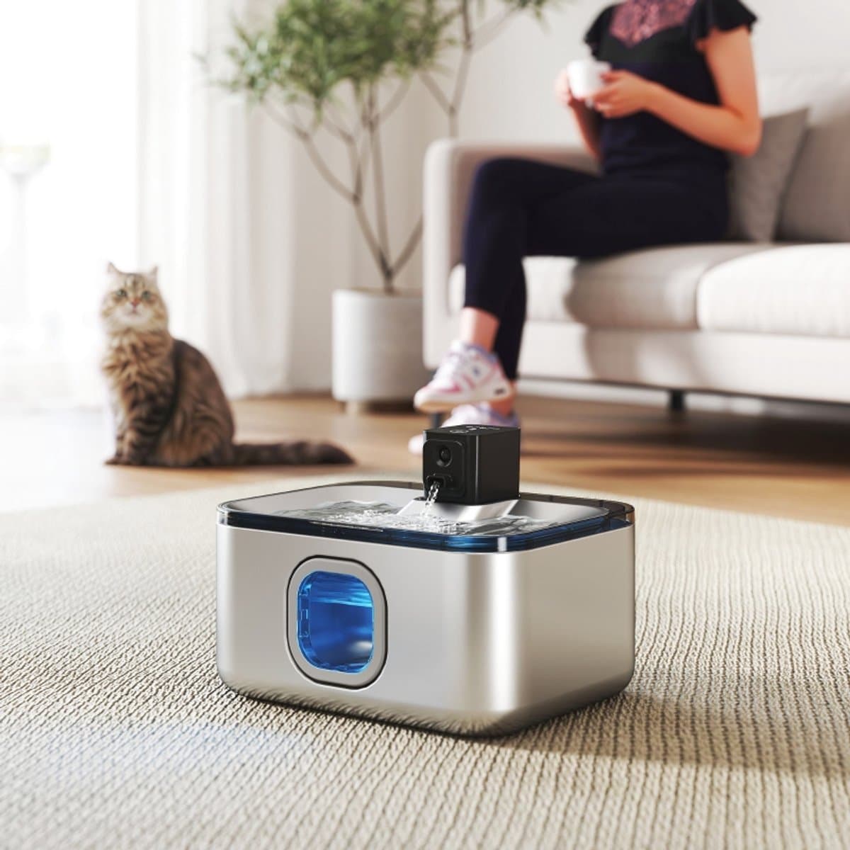 Roestvrijstalen kattenwaterbak van 5 liter – Automatische kattenwaterbak met LED-verlichting, superstille pomp en zilverfilter thumbnail 6