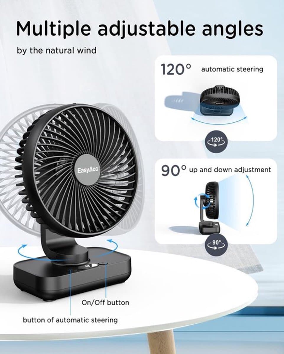 Solvix tafel ventilator geluidloos - Tafelfan - Zwart - Automatische Oscillatie - Oplaadbare Accu - Voor Thuis en Onderweg thumbnail 2