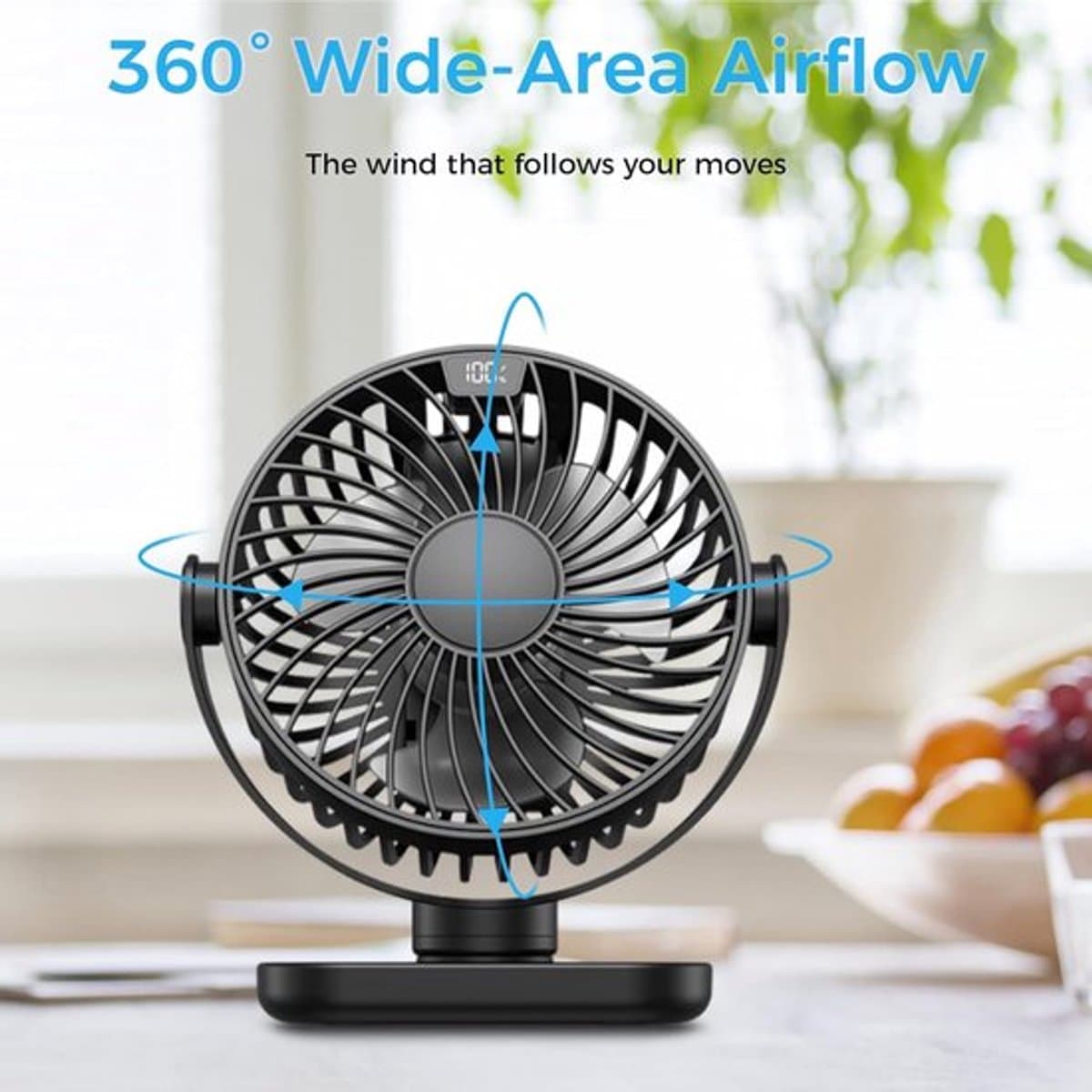 Solvix tafel ventilator geluidloos - Bureauventilator - USB - 4 Snelheden - LED Display - Voor Thuis en Kantoor thumbnail 5