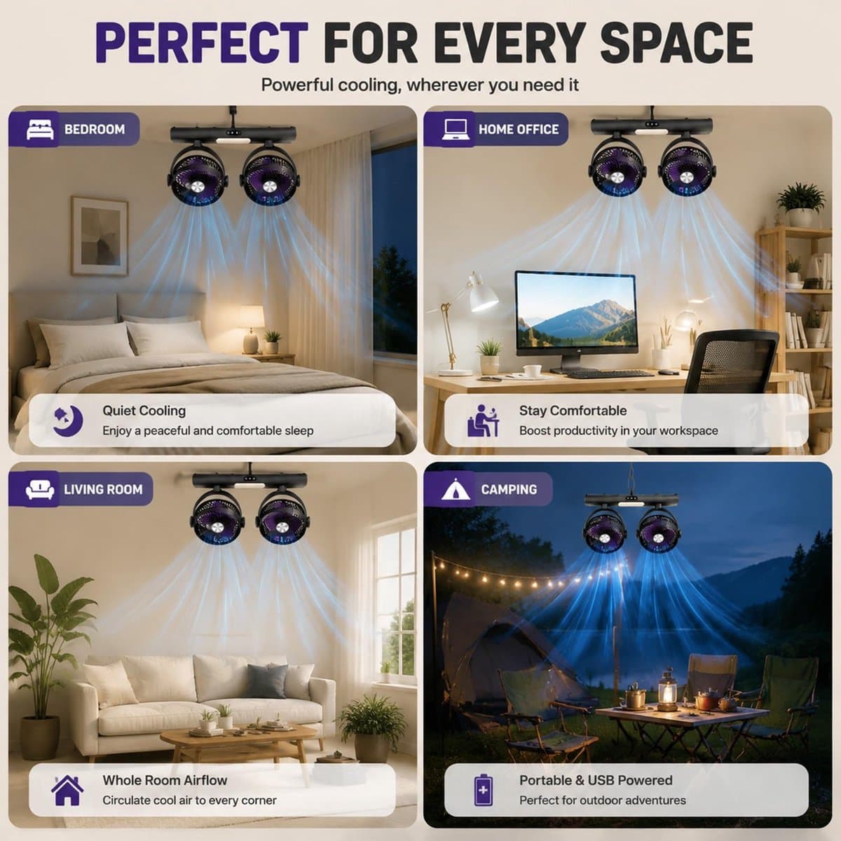 Kraftverdia® Dubbele Luchtcirculator – USB Oplaadbare Bureauventilator met 2 Ventilatorkoppen – Tafel-, Hang- en Wandventilator – 3 Snelheden – LED Verlichting – Type-C – Grijs thumbnail 2